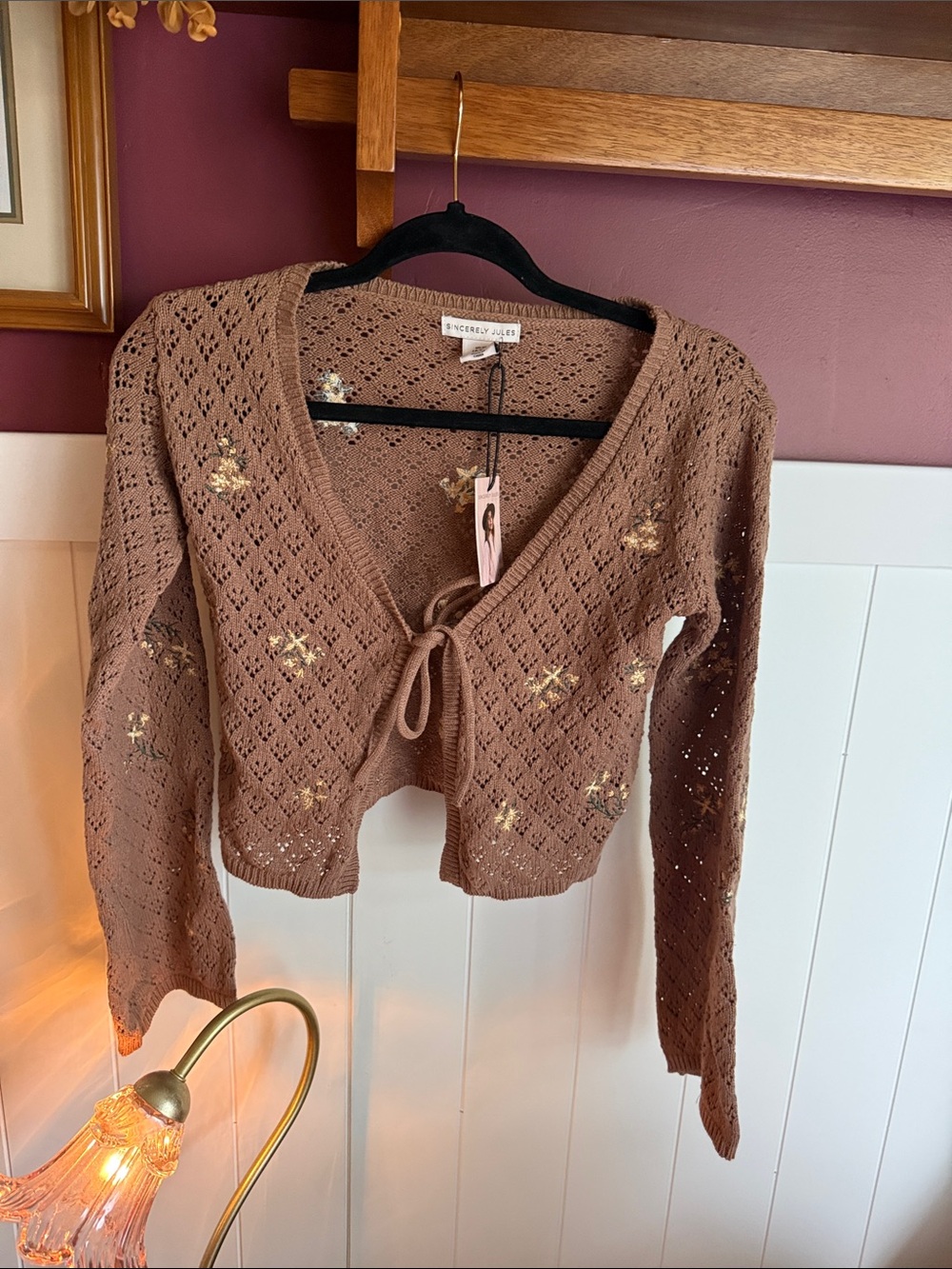 Sincerly Jules Brown Crochet Tie-Front Cardigan with Gold Accents